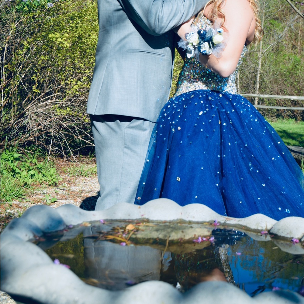 Dark blue ball gown prom dress. Corset back